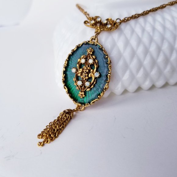 VTG LJM Emerald Green & Gold Enamel Necklace | Tassel Pendant | Mid-Century Glam - Picture 6 of 11
